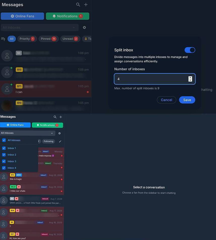 FansMetric split inboxes